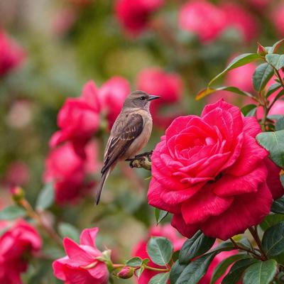 The primary subject of the image is a small bird perched on a pink rose. The bird is sitting on a branch with the rose in the foreground. The setting is a garden with a variety of pink flowers, creating a beautiful and serene atmosphere. The visual style of the image is a close-up of the bird and the rose, emphasizing the details of the scene. The colors and mood of the image are predominantly pink, which adds a sense of warmth and tranquility to the scene.